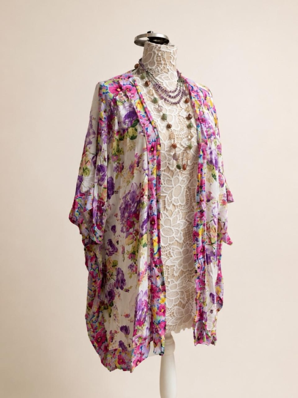 Umgee Floral Sheer Kimono in Pink, Purple & Yellow